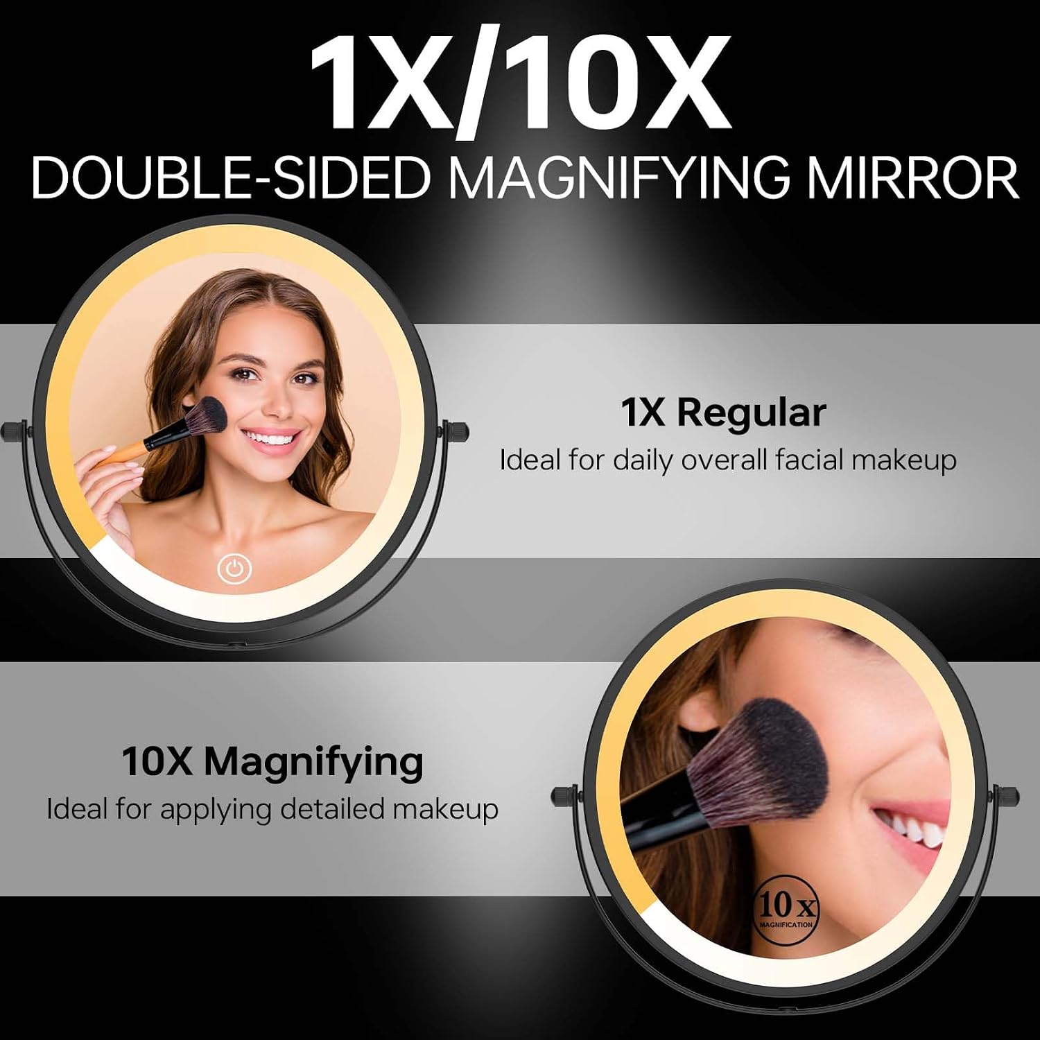 Vanity Mirror with Lights, 8" 1x /10x Double Sided Magnifying Mirror, Wall Mount Makeup Mirror with LED 3 Color Lights, Dimmable, Bathroom Lighted Cosmetic Mirror