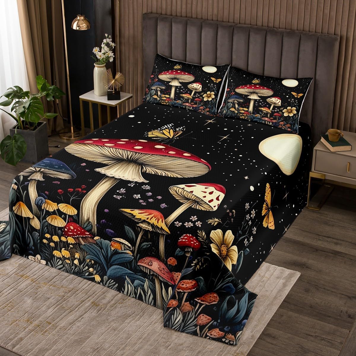 Erosebridal Mushroom Quilt Set Queen Size for Kids Teens Adults,Neon Fungus Coverlet Set,Psychedelic Plant Bedspread Set,Vintage Patchwork Bed Cover Bedroom Decor