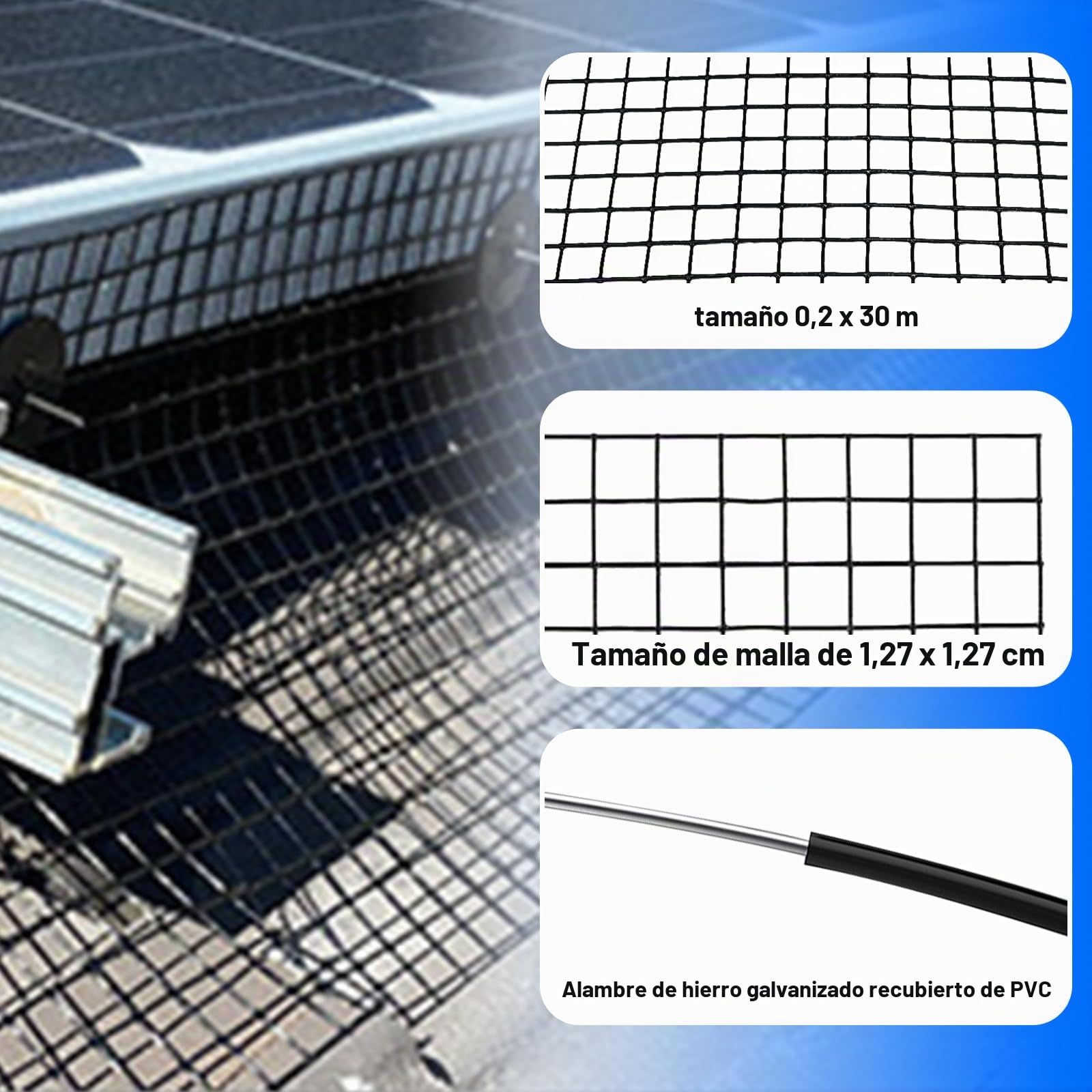 30M x 20CM Protección Antipájaros para Paneles Solares con 60 Clips de Fijación, Malla de Acero Recubierta de PVC Negro 1,27 x 1,27 cm, Rejilla Metálica para Panel Solar, Gallinero y Cercados