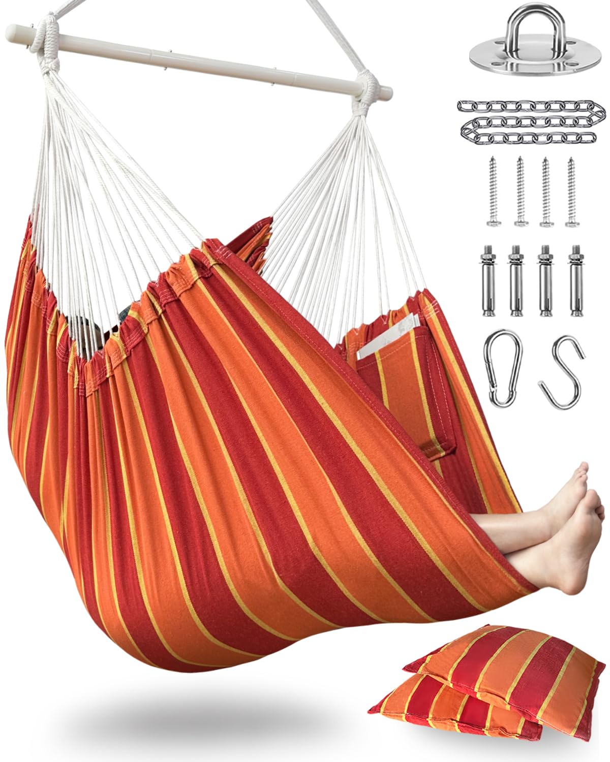 XXL Hammock Chair Hanging Rope Swing with 2 Cushions - Max 500lbs-Perfect for Patio Porch Bedroom Backyard Indoor