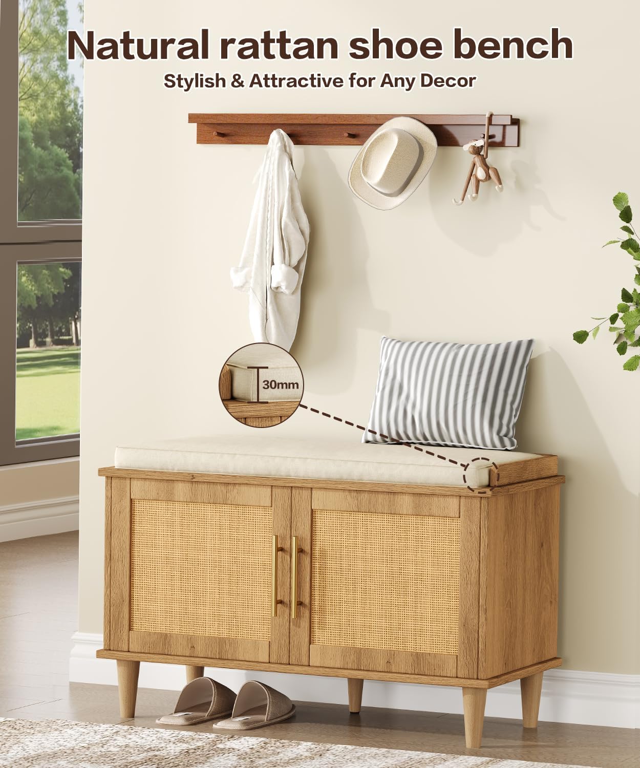 Rattan Shoe Storage Bench with Cushion, 2-Tier Entryway Bench with Adjustable Shelves and 2 Doors, 15" D x 31.5" W x 20" H, Solid Wood Legs, for Hallway, Living Room, Bedroom, Natural Oak