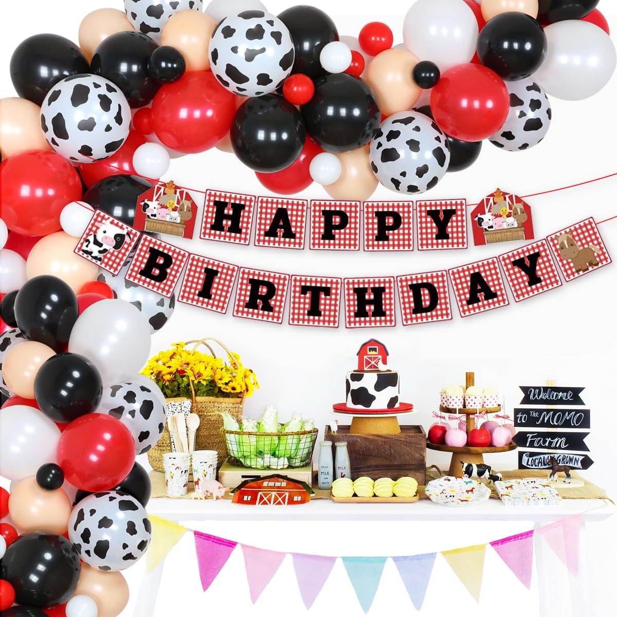 Farm Animal Theme Party Balloon Garland Arch Kit Cow Party Supplies 99 Pack White Black Red Balloons for Kid's Birthday Party Baby Shower