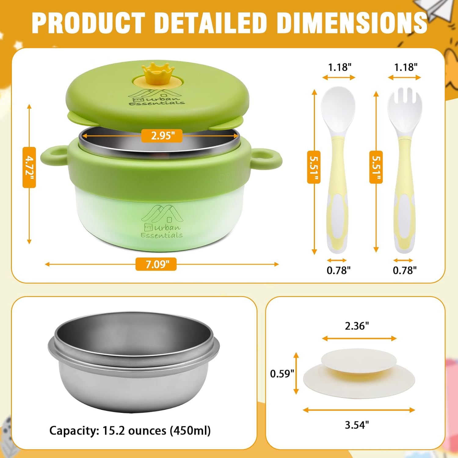 Baby Bowl with Suction, BPA-Free, Premium Food Grade 304 Stainless Steel, Thermo-Color Changing, Foldable Spoon & Fork, Non-Slip Handles for Babies, Toddlers, Kids (Green)