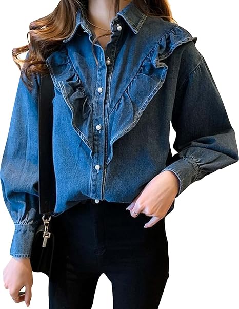 Amazon Co Jp エアバイ シャツ デニム フリル パール ブラウス でにむ しゃつ ぶらうす トップス 22 トレンド 春 秋 レディース M 2xl 服 ファッション小物