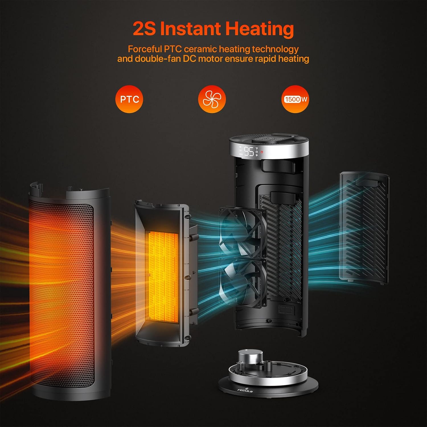 Space Heater for Indoor Use, 1500W Fast Heating, Electric & Portable Ceramic Heaters with Thermostat, 4 Modes, 1-12h Timer, 90° Quiet Oscillating Room Heater with Remote, Safe for Office Bedroom Use