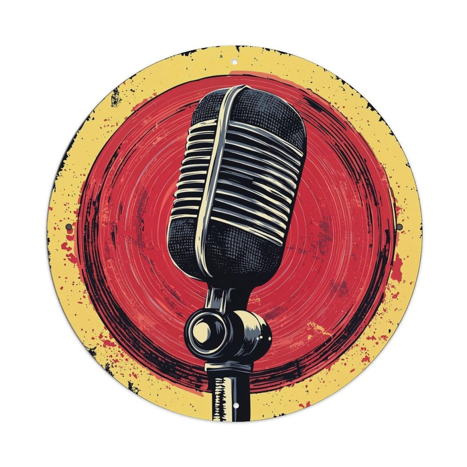 Vintage Microphone On Red Background Retro Metal Tin Sign, Vintage Metal Poster for home, Gaming Room, Studio Workshop,Bar,Garage Wall Art Decor 8x8 inch