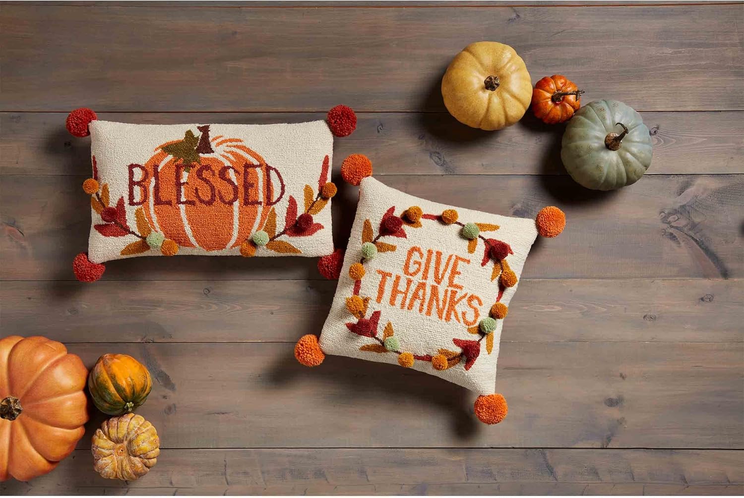 Mud Pie Give Thanks Hooked Wool Pillow, 16" x 16", Orange