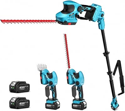 SEESII 4-in-1 Cordless Pole Hedge Trimmer 20V 9-Ft Telescoping Shrub Trimmer & Grass Shear, 12" & 6'' Dual-Action SK5 Blades, 2 x 4.0Ah Batteries, Shoulder Strap for Tall Hedges & Lawn Edging