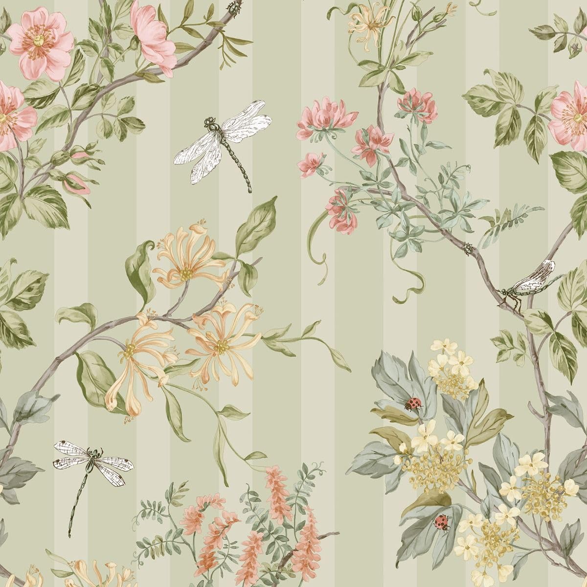 Holden Decor Sage Green Hampton Gardens Floral And Animal Printed Classic Stripe Wallpaper Ideal For Bedrooms, Living Rooms Cozy Lounges Soft Holden 13910