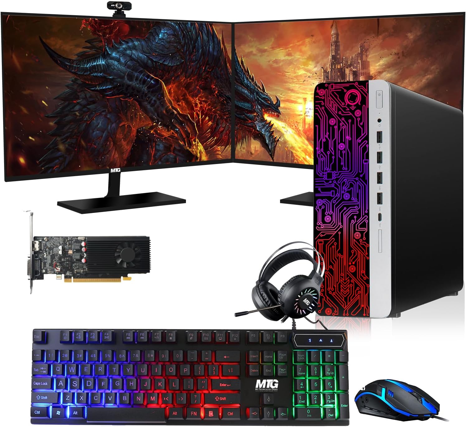 HP G3 Gaming Desktop PC, Intel Core i7 6th Gen, GT 1030 Graphics, 16GB RAM, 1TB SSD, RGB Keyboard Mouse, RGB Headphone, Webcam, New Dual MTG 27-inch Monitor Windows 11 Pro (Renewed)