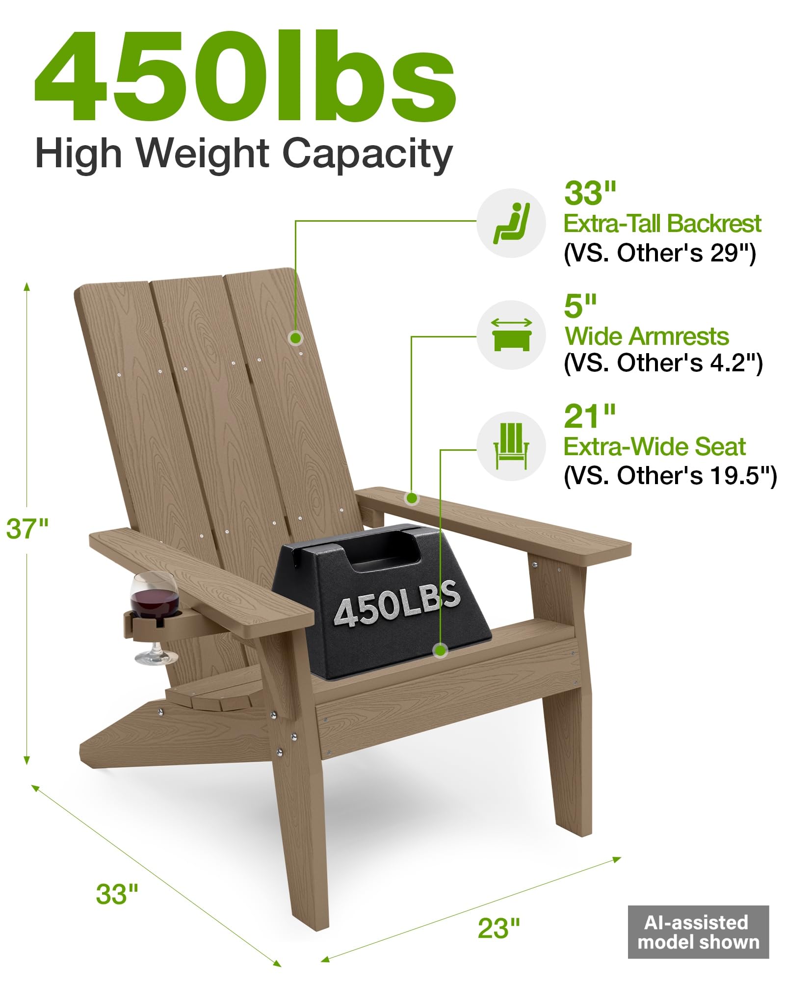 MXIMU Chaise Adirondack Moderne résistante aux intempéries avec Porte-gobelet – Chaises d'extérieur en Plastique surdimensionnées pour Foyer (Teck)