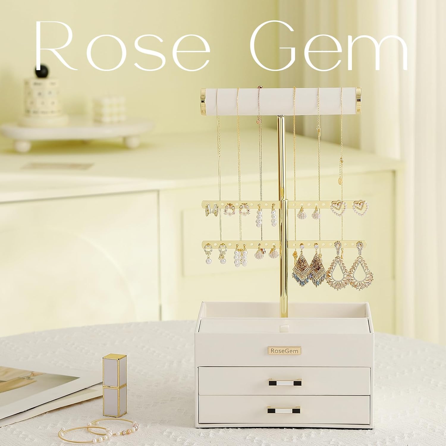 2 Tier Jewelry Stand with Bottom Drawer, Leather Jewelry Holder Display for Women, Detachable Gold Jewelry Organizer with Storage Tray Necklace, Earrings, Rings, Gift Idea (White, 2-Layer&2-Drawer)