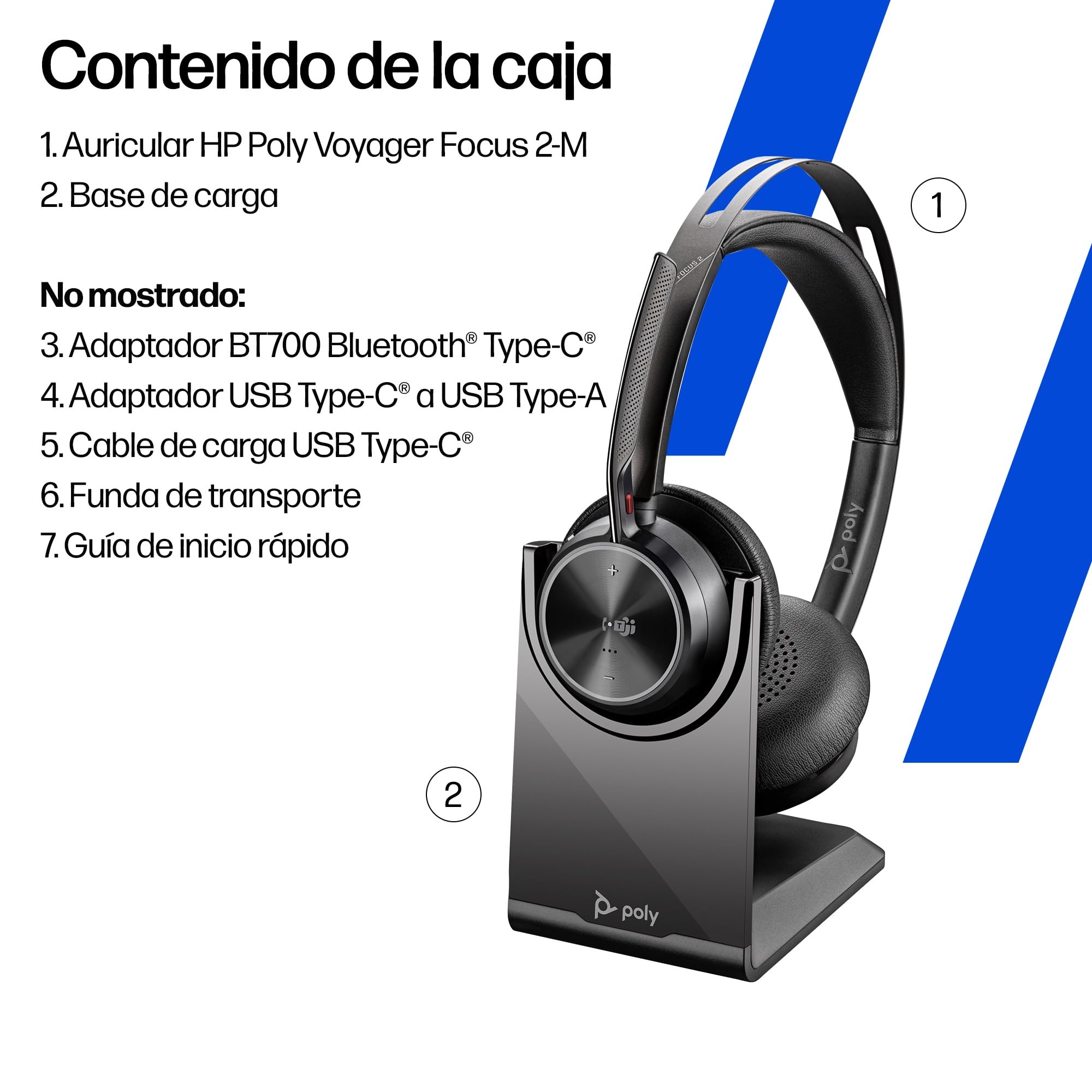 Poly Voyager Focus 2 Auriculares inalámbricos UC con micrófono y soporte de carga: compatible con PC a través del adaptador BLUETOOTH BT700 incluido o mediante cable USB