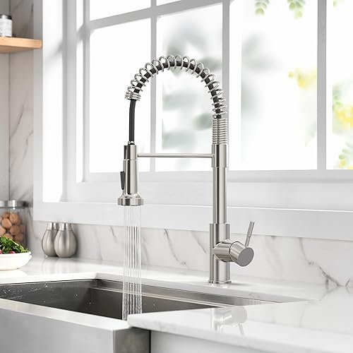 Miniatura 6 de GIMILI Grifo de cocina con rociador extraíble de arco alto de una sola manija de resorte grifo de fregadero de cocina de níquel cepillado moderno rv
