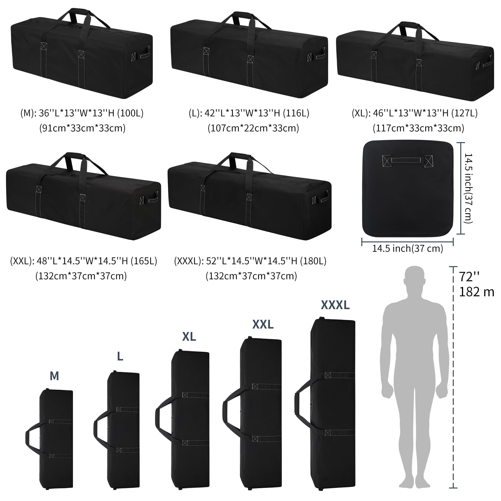 Bolsa de lona grande para viajes, camping, bolsa de lona grande, bolsa de almacenamiento de equipos deportivos con 2 asas laterales, Black, 52 inch, Bolsa para tienda de camp