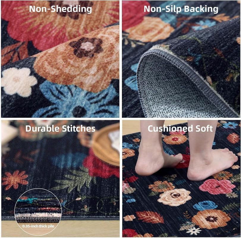 4x6 Bedroom Area Rug Washable: Entry Throw Rug Stain Resistant Floral Rug Non Slip Low Pile Small Carpet for Bedroom Kitchen Entryway Living Room Bedside Office Dorm Kids Room