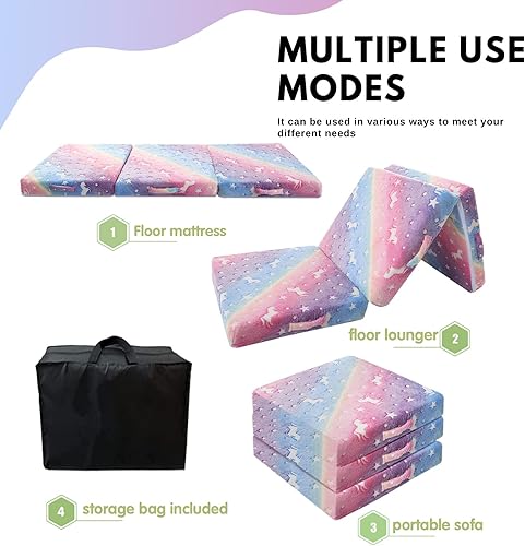 Miniatura 4 de MeMoreCool Colchón plegable de unicornio arcoíris brillante para niños, tapete triple para siesta para niños pequeños, futón portátil para dormir o