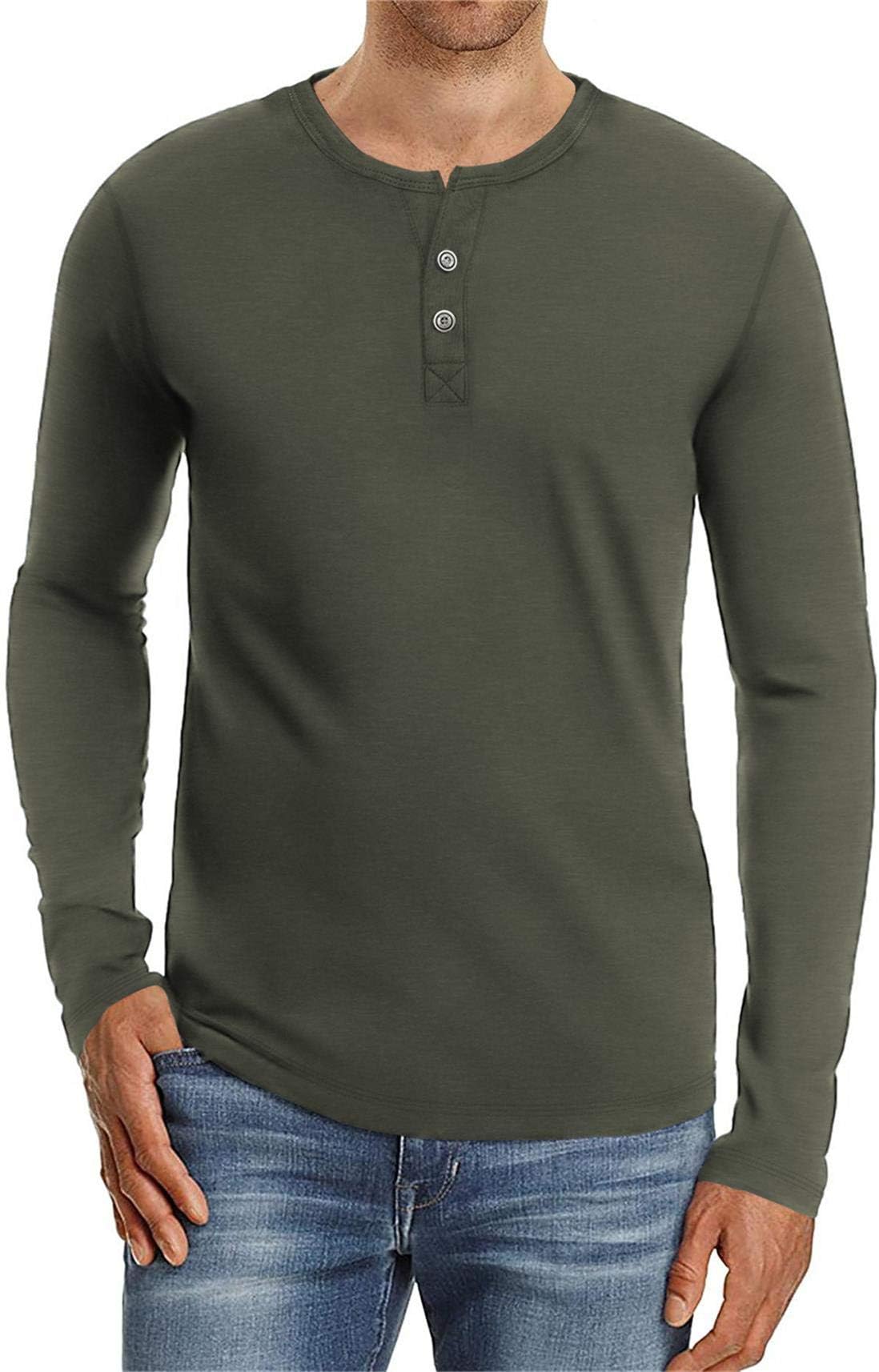 AIYINOMens Casual Slim Fit Long Sleeve Henley T-Shirts Cotton Shirts, Long Sleeve Army Green, M
