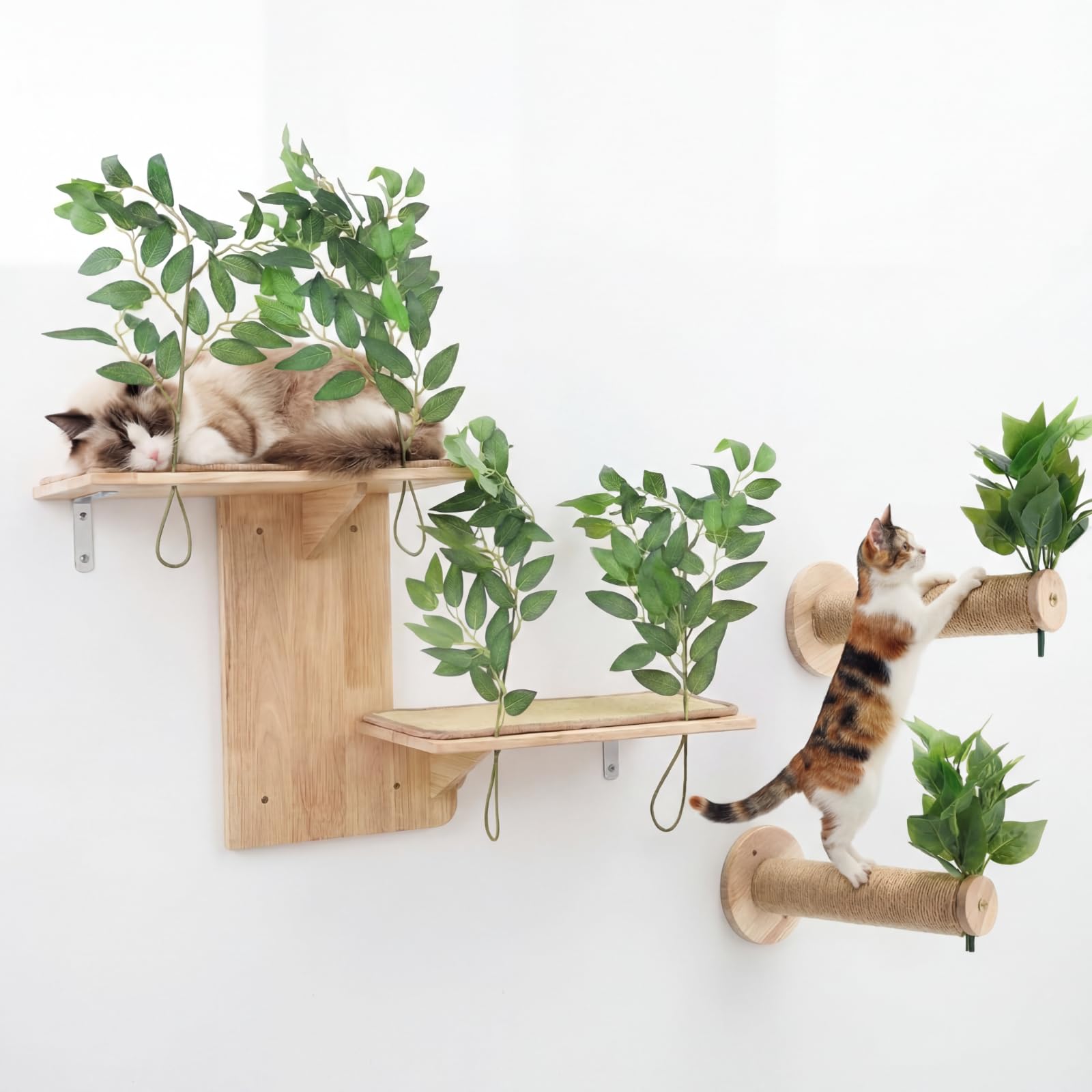 Photo 1 of Novabright Cat Wall Shelves Set, Double-Layer Platform Cat Wall Furniture & 2 Wood Scratching Steps, Wall-Mounted Space-Saving Climbing System for Indoor Kitty, Easy Install