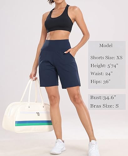 Miniatura 5 de Oalka Pantalones cortos de cintura alta para mujer, para yoga, entrenamiento, bermudas largas para senderismo con bolsillos