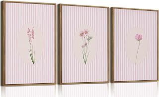KISSFOX 3 Piece Framed Wall Art Wildflowers Wall Decor Botanical Canvas Art Floral Pictures Stripe Paintings Pink Prints Boho Artwork for Bedroom Living Room