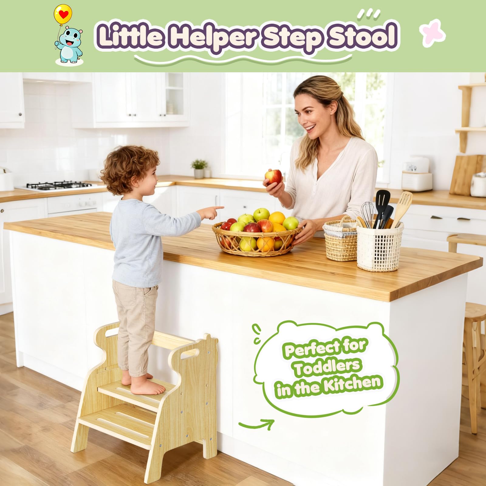Tabouret pour Enfants à Deux Marches réglable en Bois avec Patins antidérapants
