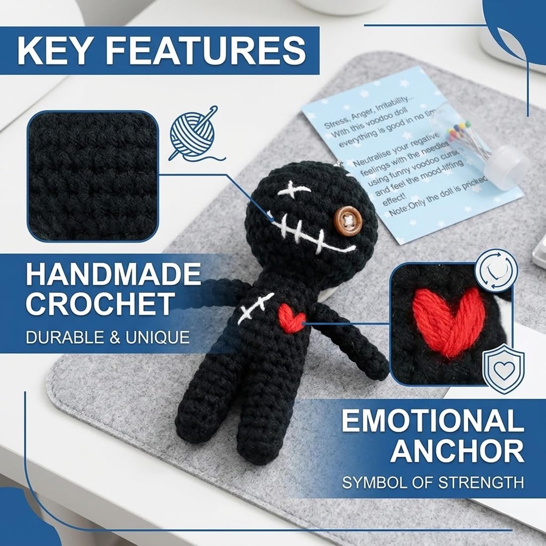 1 Unidad Muñeca Vudú Positiva, con 10 Agujas, Divertido Regalo Antiestrés, Muñeca Negra Tejida con Alfileres, Muñeco Vudú Decoración de Halloween para Adultos, Amigos, Compañeros (12 cm)