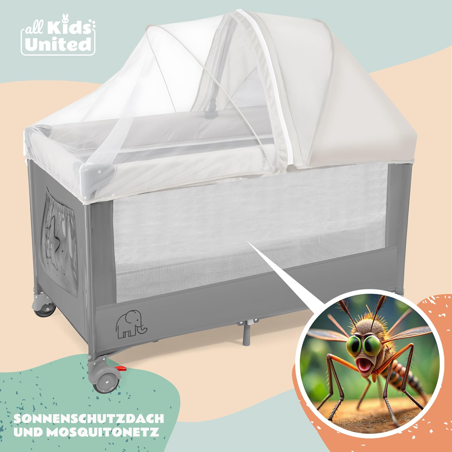 all Kids United Baby Reisebett Babybett mit Matratze, Wickelauflage, Musikspiel und Mobile Grau