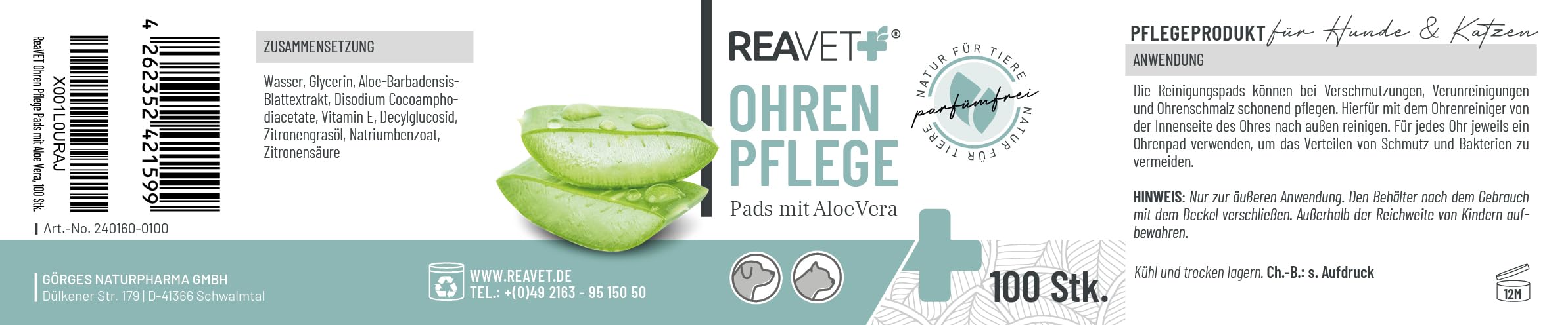 ReaVET 100 unidades de limpiador de oídos para perros y gatos Almohadillas para el cuidado de las orejas toallitas de limpieza para perros especialmente suave y suave con aloe vera para perros y gatos