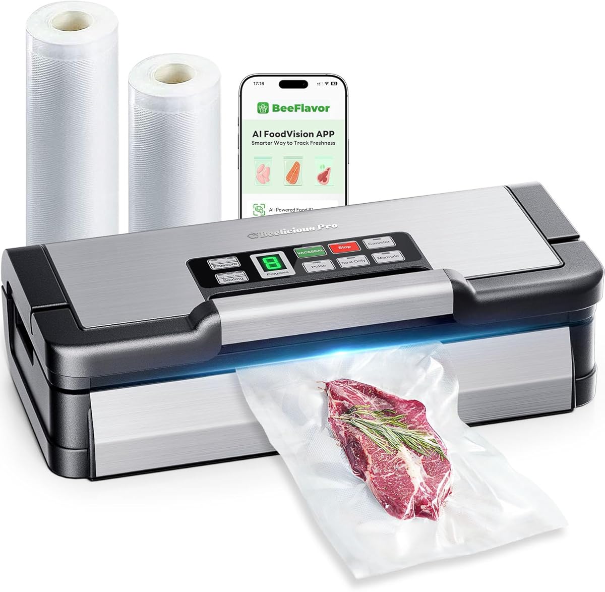 95kPa Vacuum Sealer Machine with AquaLock Technology, for Moist Seals, 2X Seal & 130W, Fully Automatic Food Sealer, Built-In Cutter, Bag Storage & Hose, Precision Sealing, 2 Bag Rolls,Stainless Steel