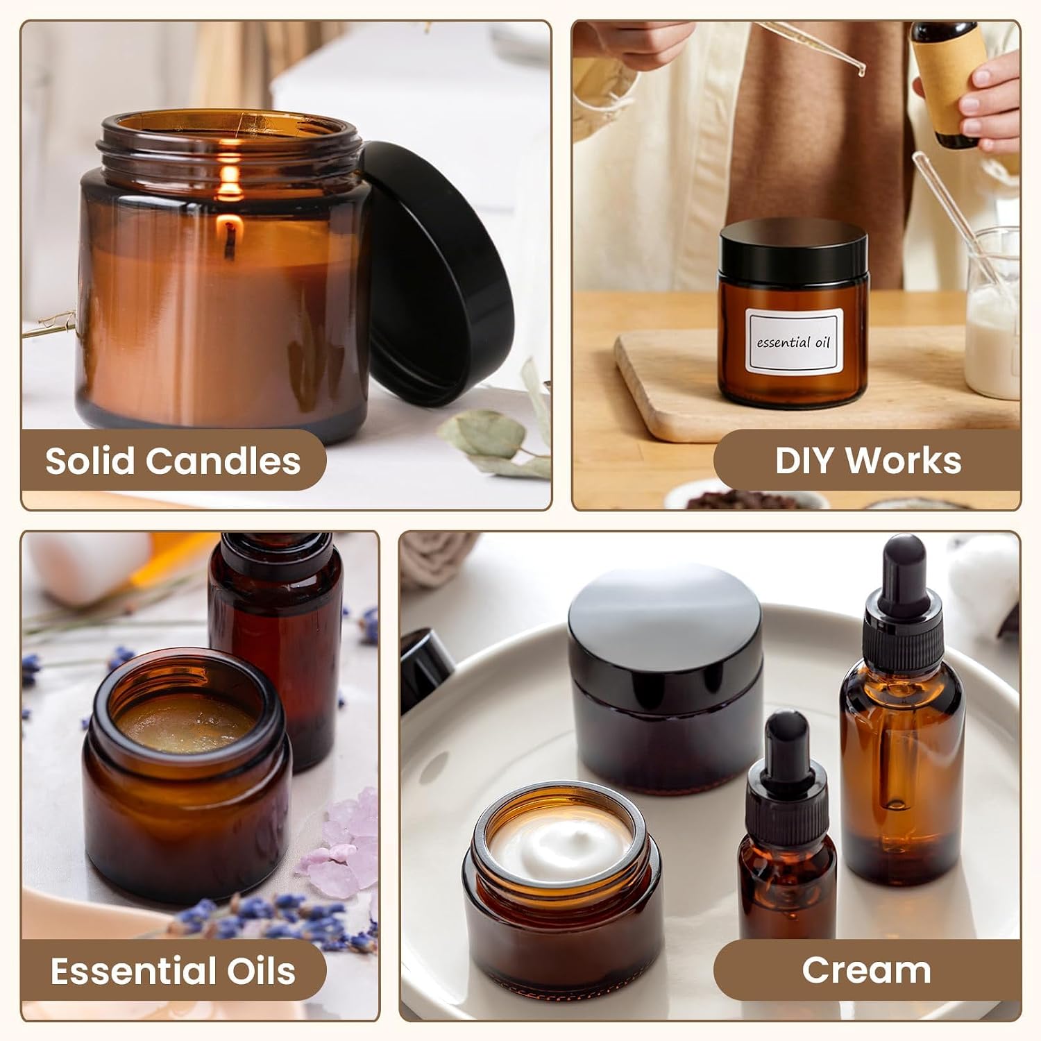 32 Pcs 2 oz Glass Jars with Lids, Amber Glass Jars with 40 Labels & 10 Spatulas, Inner Liners, LeakProof, UV-Protective,Round Glass Containers for Essential Oils, Spices, Candle Making,DIY