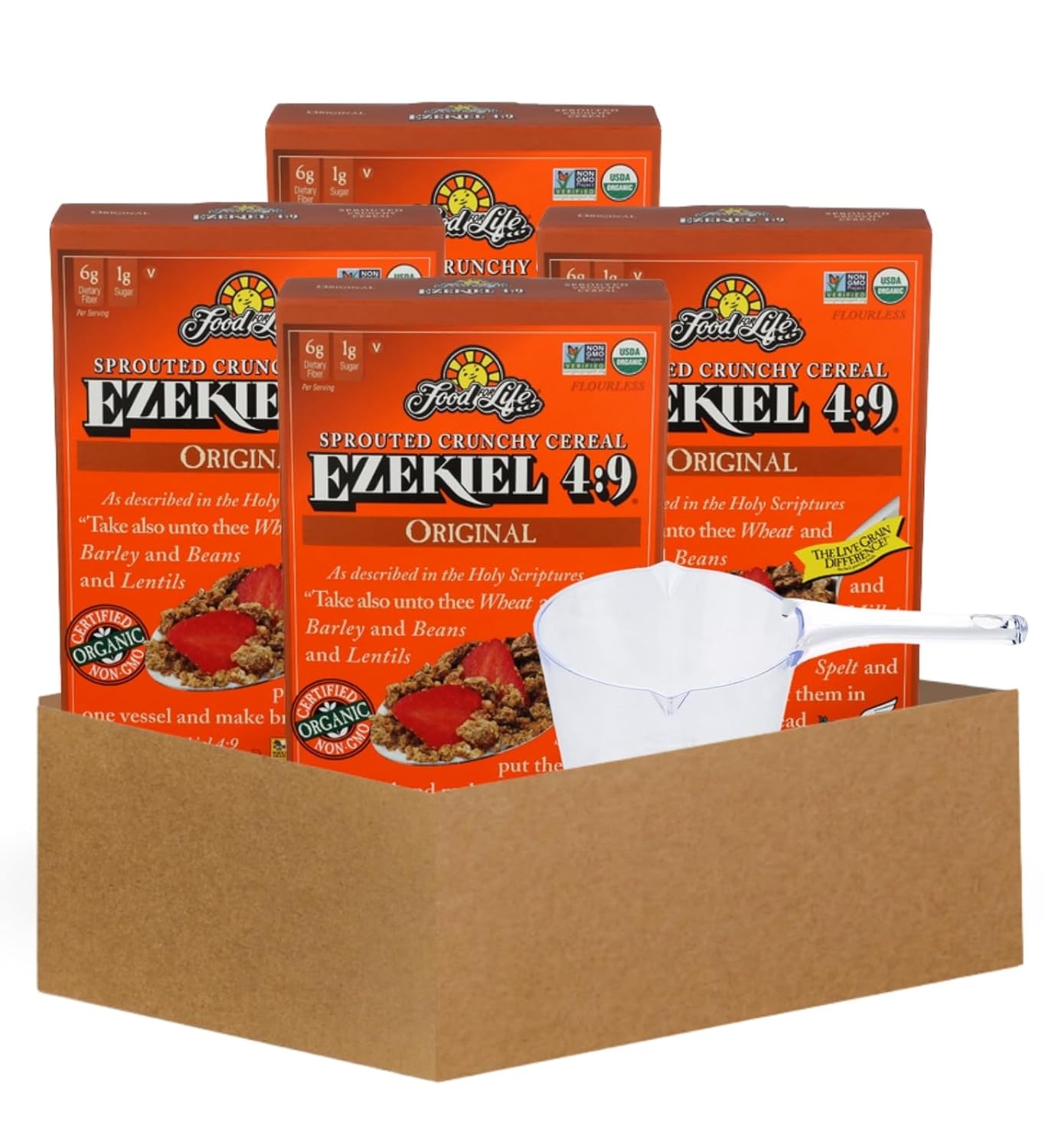 ezekiel cereal – 4x Ezkl Original Org, 16 OZ Bundle with Plastic Clear Measuring Cup – Organic Sprouted Whole Grain Ezekiel Cereal, Cinnamon Life, Almond, and Purely Elizabeth Options – Gift Set (5 Items)