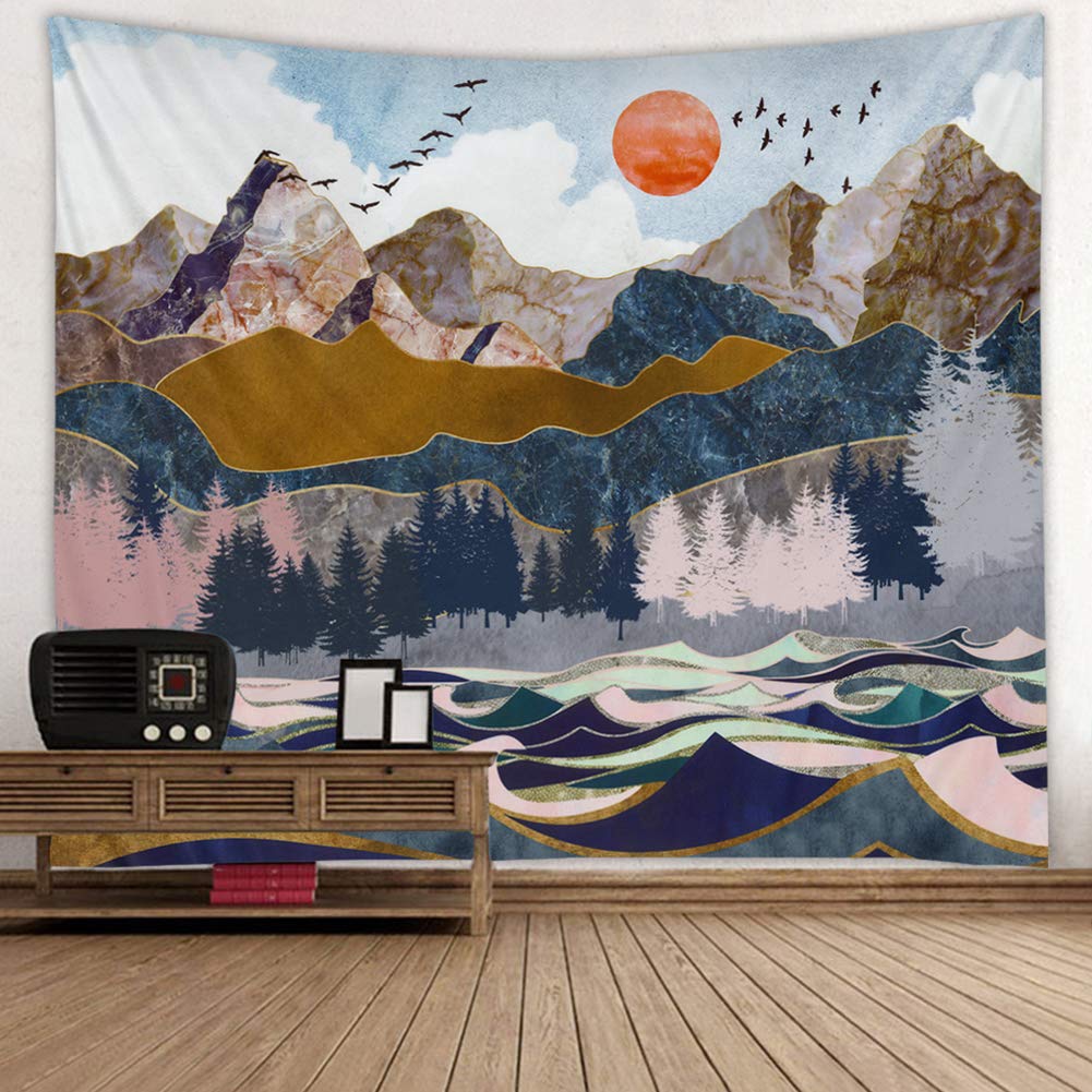 Boyouth Landscape07 Nature Landscape Tapestry Wall Hanging,Abstract Forest Tree,Wave,Mountain And Sunset Pattern Digital Print Art Wall Tapestries Home Decor,Mural,Beach Towel,59.1 Inch By 78.7 Inch