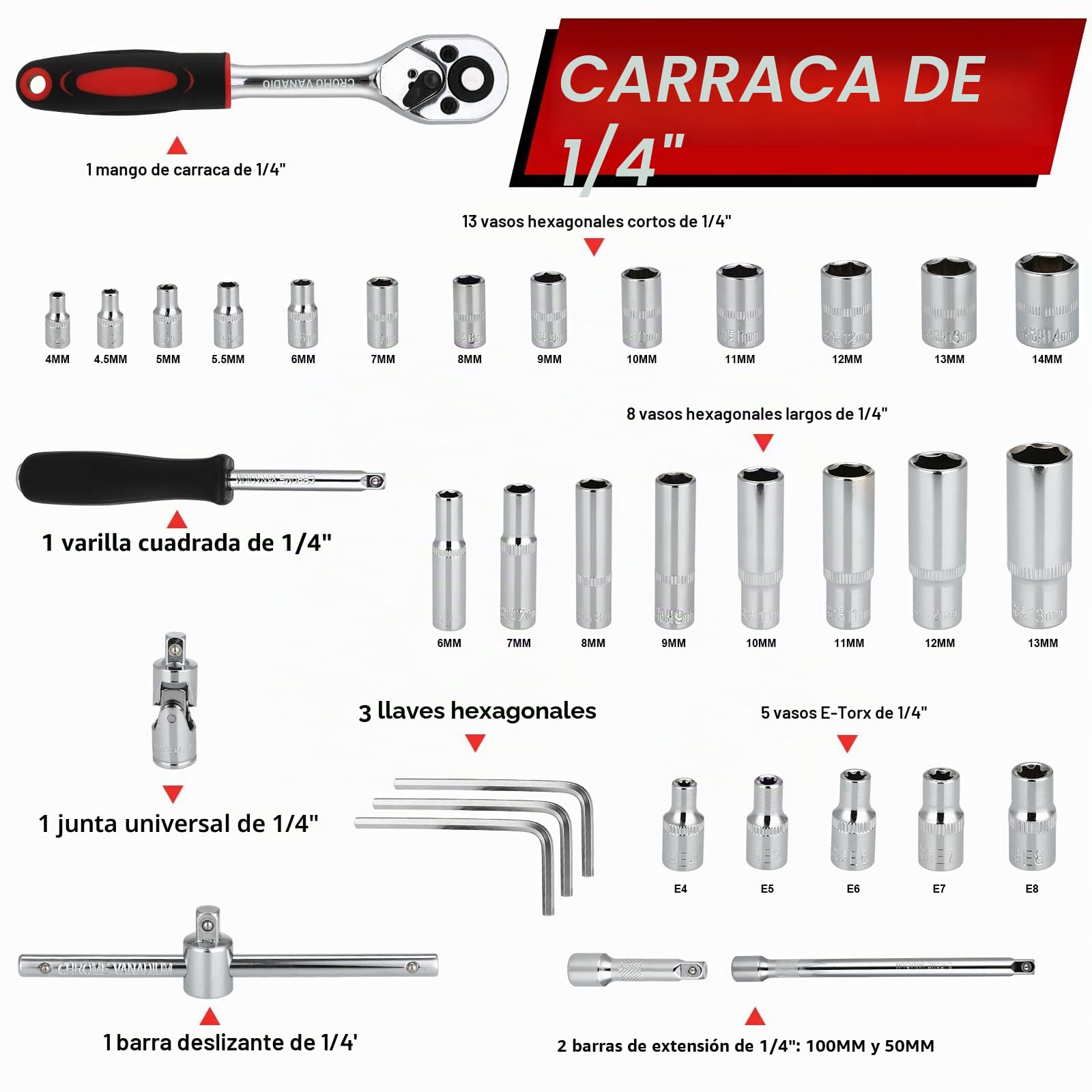 TLGREEN Juego de llaves tubo 108 piezas juego llaves trinquete Cr-V caja de trinquete caja de trinquete con 1/4" y 1/2" 72 dientes inserto de llave de tubo hexagonal