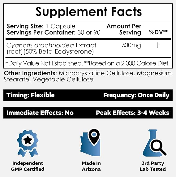 Nootropics Depot Beta Ecdysterone/20-Hydroxyecdysone 50% Capsules | 500mg | Cyanotis Arachnoidea Extract | Phytoecdysteroid | 30 Count