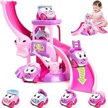 Toys for 1 2 Year Old Girl Gifts Elephant Car Race Track for Toddler 1-3 | First Birthday Present for Girls with 4 Mini Push Cars, Educational Baby Slide Toy, Learning Push Car Ramp Toy Age 1-2