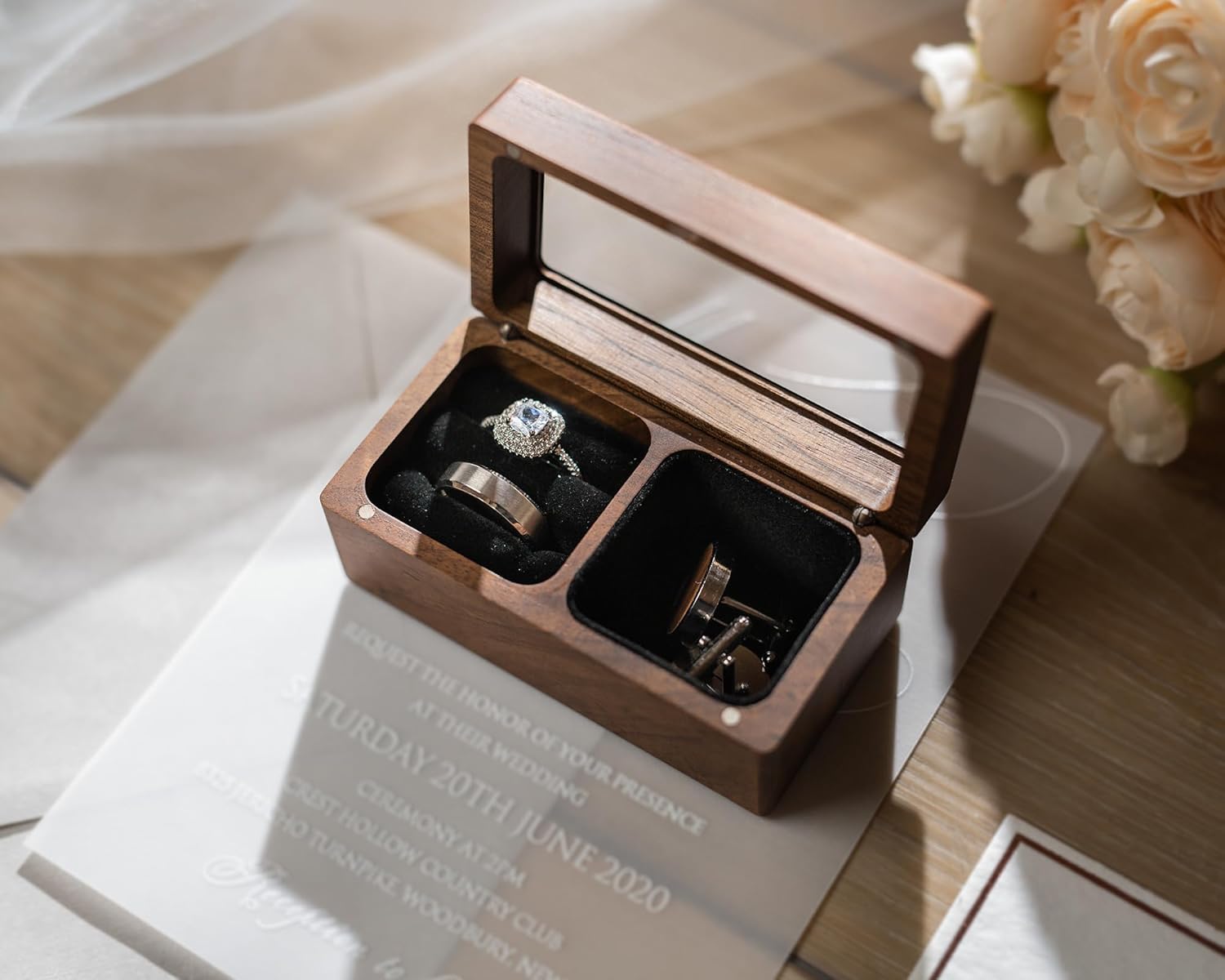MUUJEE Wooden Dual Compartment Jewelry Ring Box - 3.75 x 2 x 2 Rustic for Jewelry Box Storage, Wedding Rings, Ceremony Ring bearer