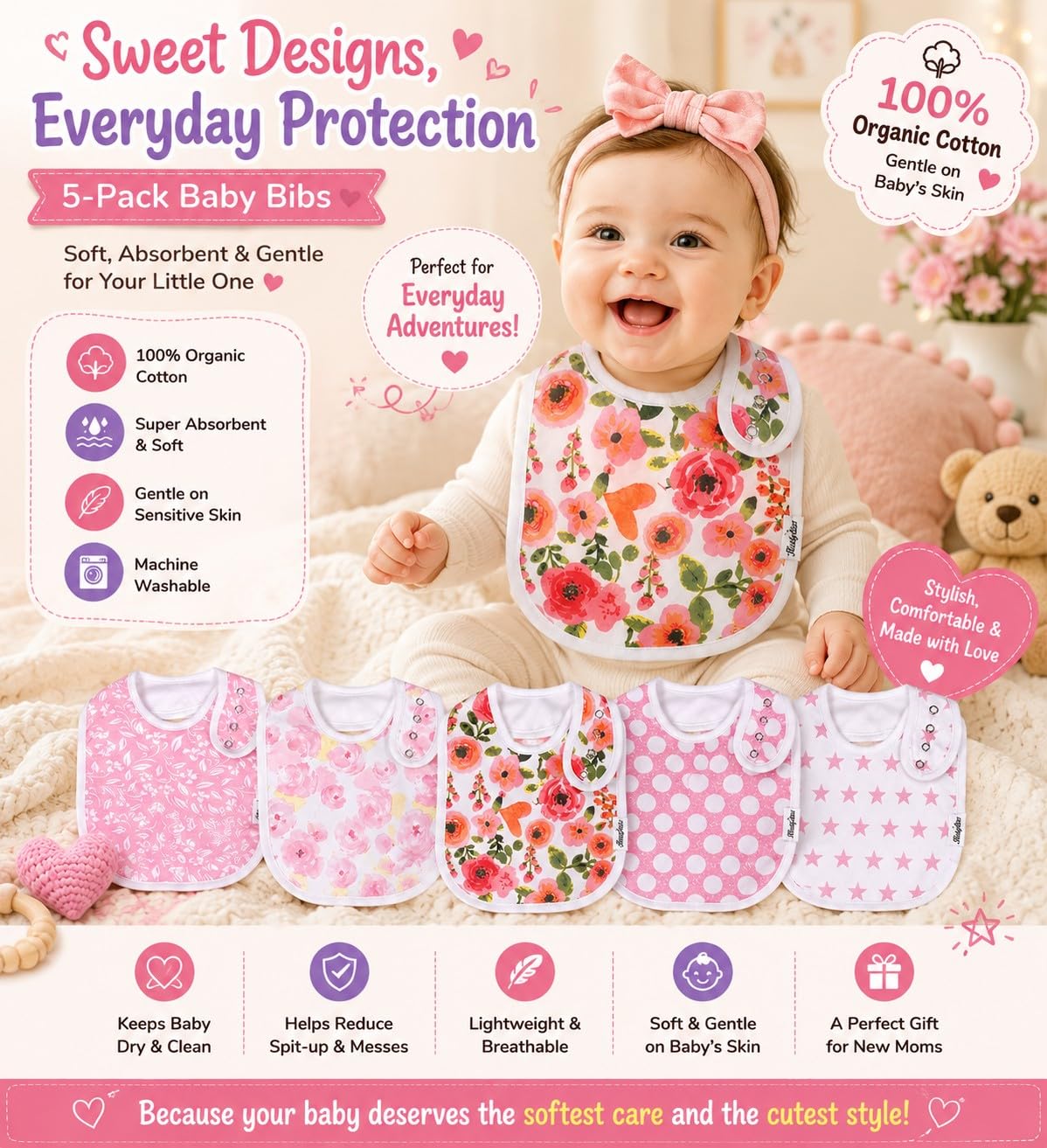 KiddyStar Double Layer Bandana Bibs - Thick, Multi Snaps, Organic Cotton - Soft & Absorbent - For Drooling, Teething, Feeding