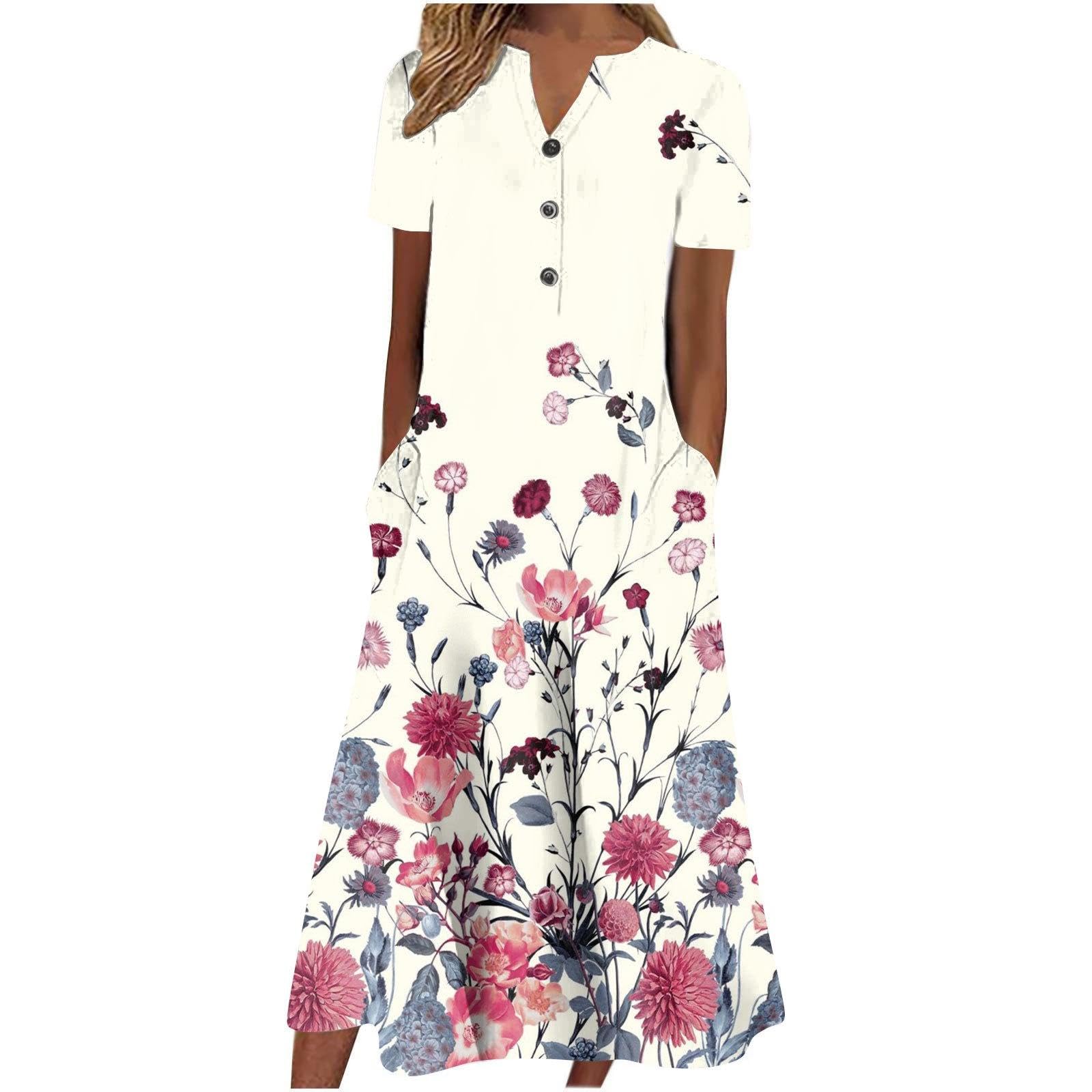 Akivide Women's Boho Button Down Floral Dress with Pockets Summer Short Sleeve V Neck Midi Casual Dresses for Women