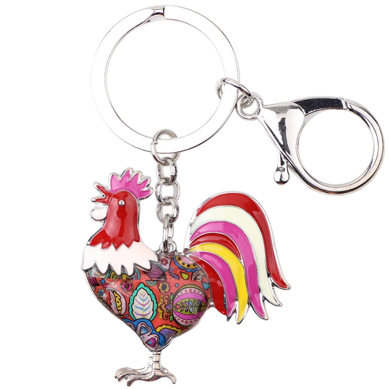 BONSNY Enamel Metal Farm Chicken Rooster Key Chain For Women Car bag Rings Novelty Charms (Red)