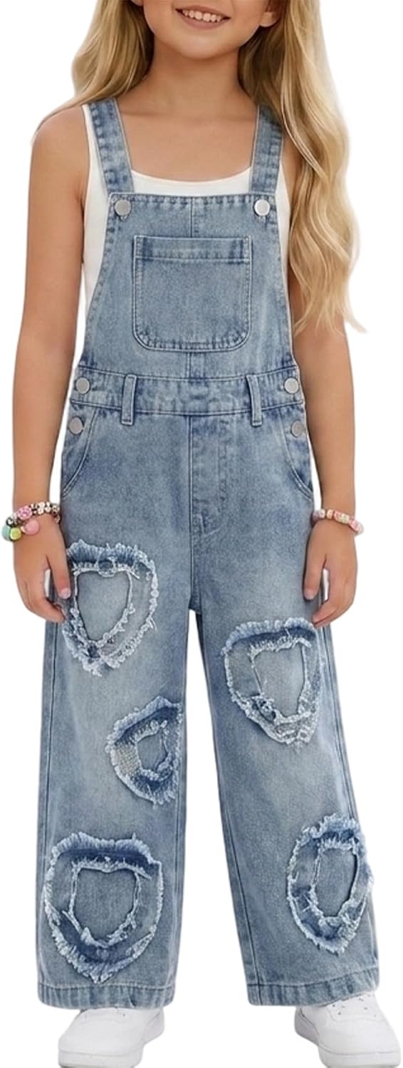 Girls Denim Overalls Kids Sleeveless Wide Leg Jumpsuit with Pockets