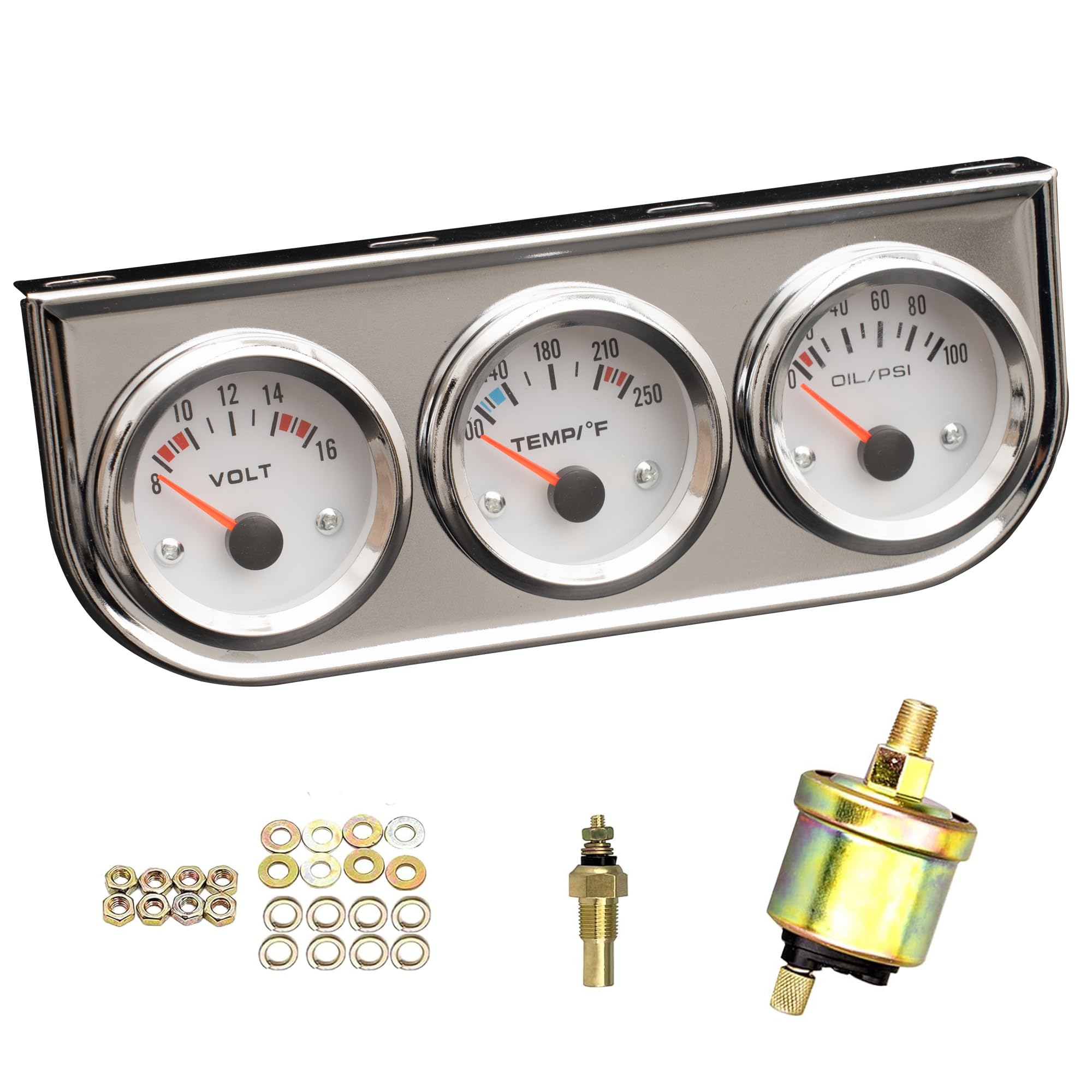 2" 52mm Triple Gauge Set (Oil Pressure + Water Temp + Voltmeter) 3 in 1 Gauge Kit with Chrome Panel Mechanical for 12V Cars Ships Boats Truck Motorcycle