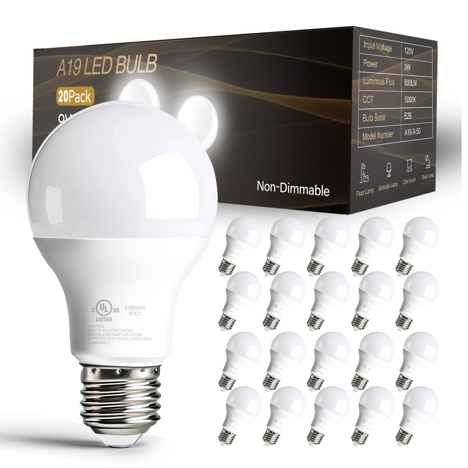 dalattin 20 Pack A19 LED Light Bulbs 60 Watt Equivalent Efficient 9W E26 Standard Base Daylight White 5000K