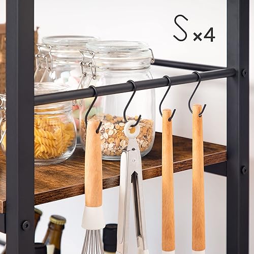 Miniatura 5 de HOOBRO Isla de cocina con estante para vino, contador industrial de isla con ganchos y rieles protectores, estante de cocina de 3 niveles con