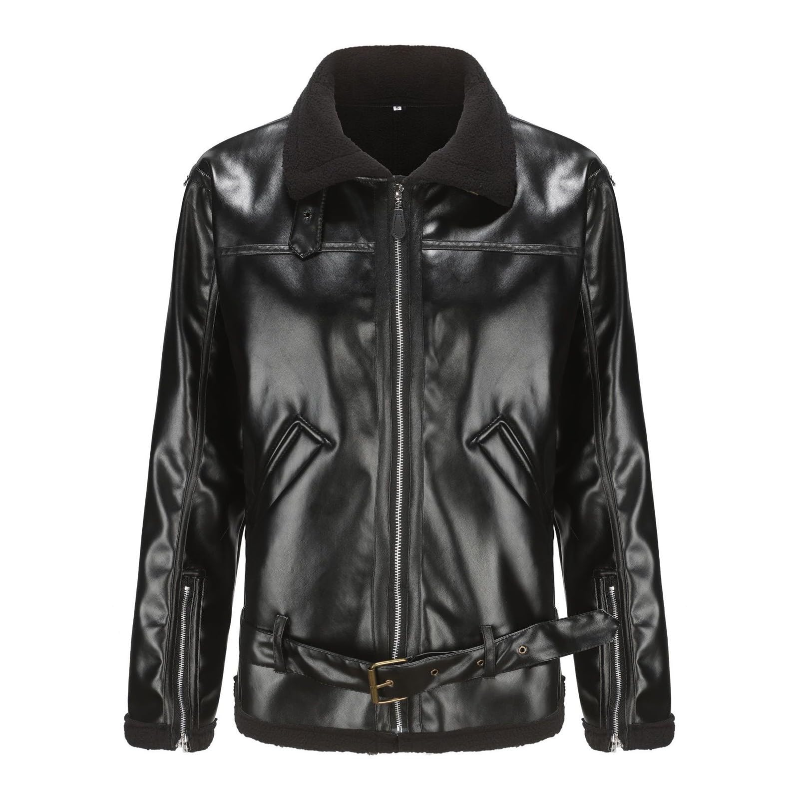 Generisch Giacca da aviatore, da uomo, in pelle, con chiusura lampo, calda, giacca softshell in pelle, giacca invernale gotic punk, giacca da pilota, giacca in pelle scamosciata