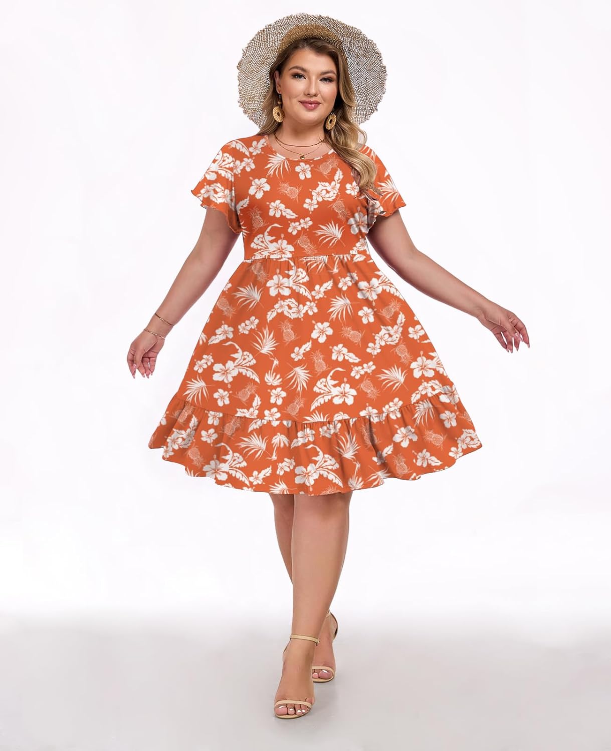 Women's Plus Size Casual Dress Crew Neck Ruffle Floral Short Sleeve Summer Midi Dresses with Pockets - Image 2
