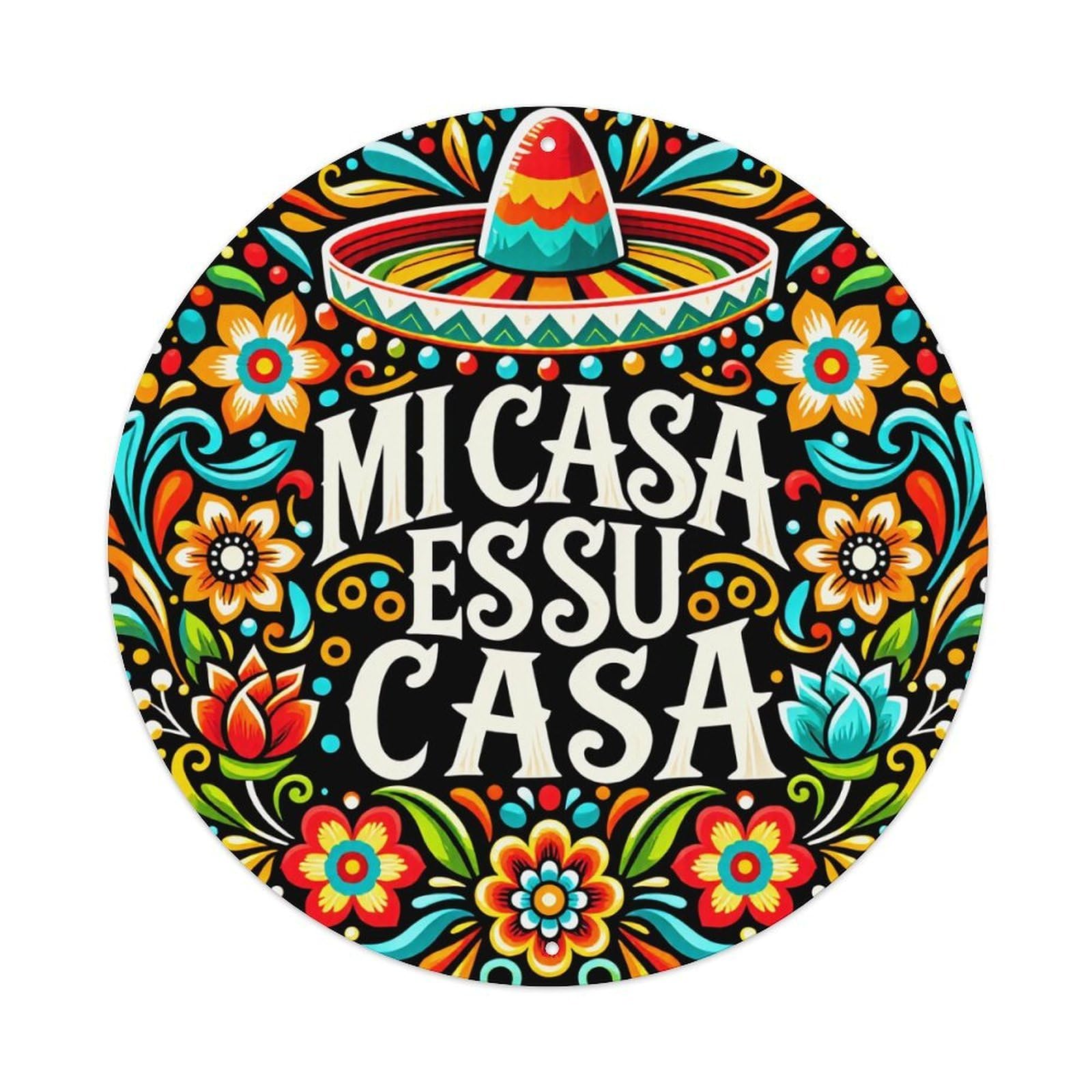 Mexican Floral Pattern With Sombrero Round Tin Sign Vintage Metal Poster, Home Bar Garage Man Cave Cafe Indoor & Outdoor Wall Decoration 8x8Inches