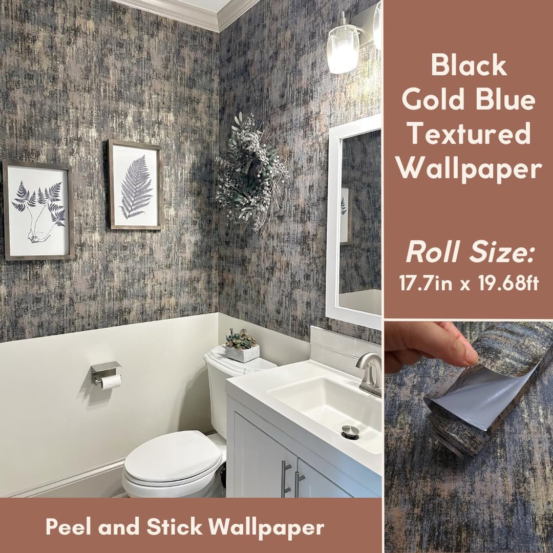 Black Gold Textured Wallpaper Distressed Industrial Metallic Peel and Stick Wallpaper 17.7in x 19.68ft Self Adhesive Contact Paper