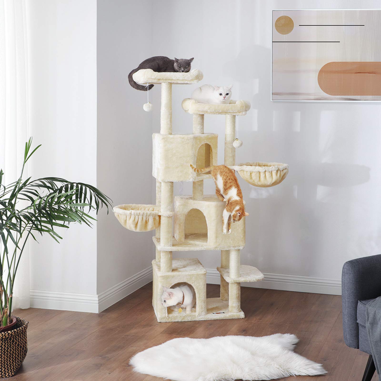 FEANDREA Árbol Grande para Gatos con 3 Cuevas, 164 cm, Beige PCT098M01