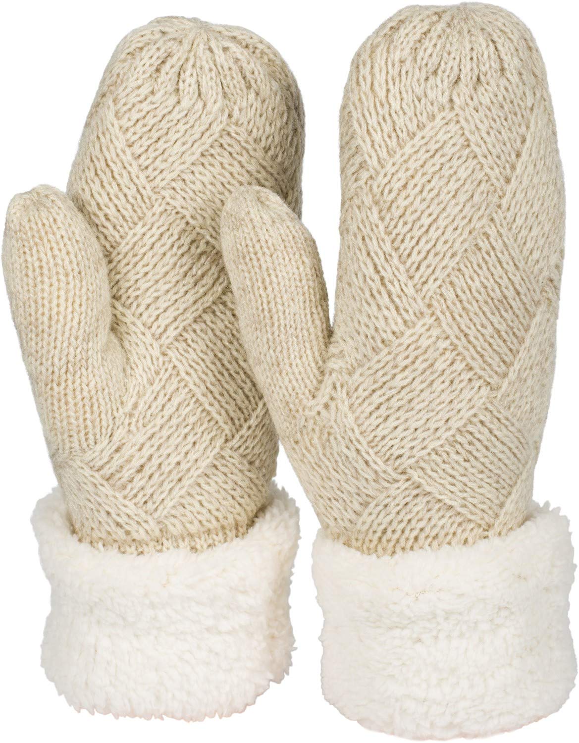 Stylebreaker Women's Beige Warm Winter Knitted Mittens, Gloves With Diamond Pattern, Thermo Fleece, Knitted Gloves 09010031, Colour: